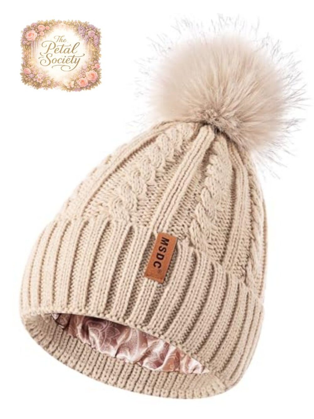 Satin Lined Beanie with Pom Pom Warm Winter Knit Skull Cap